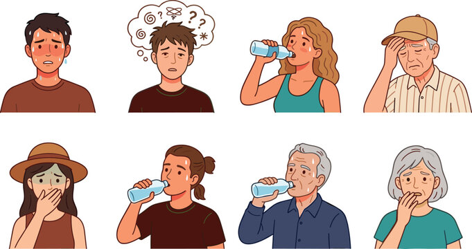 Dehydration symptom illustration set with tired people, dizziness, thirst, water drinking, wellness awareness, and vector artwork