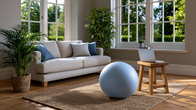 corner with stability ball and laptop on a stool ready for an online class, daylight