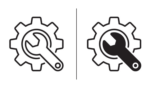 Cog and Wrench Icons: A set of two minimalist icons featuring a cogwheel and a wrench, symbolizing mechanical settings, engineering, or tool usage.