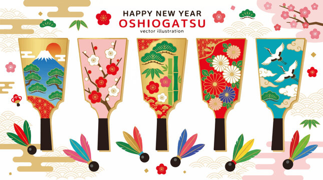 Happy New Year Oshogatsu Vector Illustration Featuring 5 Decorative Traditional Japanese Hagoita Battledore Paddles with Colorful Shuttlecocks