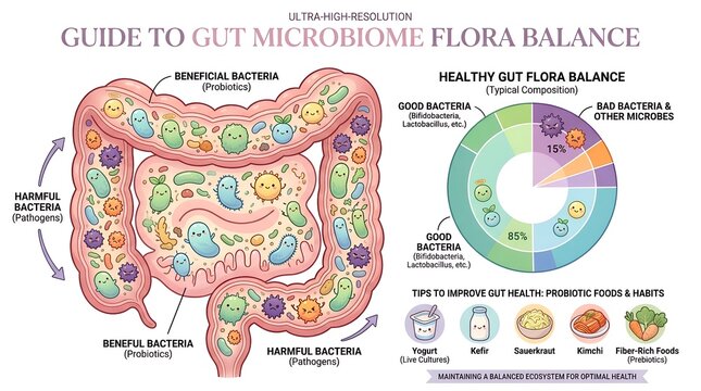 Gut Microbiome Flora Balance Infographic - Good vs Bad Bacteria