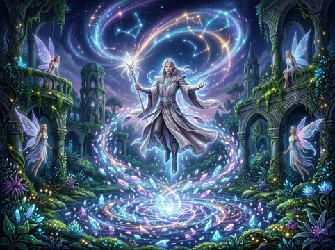 Ethereal wizard casting celestial magic in ancient ruins, mystical sorcerer with glowing staff and fairies, fantasy elven king summoning starlight