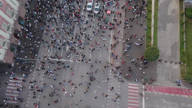 Top Down Drone Shot of Protest Movement in Tirana, about Zvernec case and saving Flamingos, also asking prime minister resignation