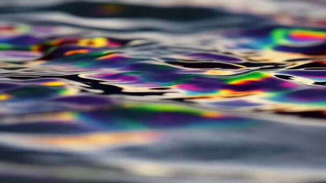 Close-up of iridescent oil slick on water surface with rainbow colors.