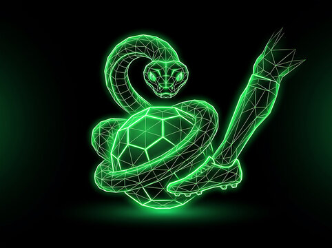 Neon green wireframe snake coiled around soccer ball and leg serpent