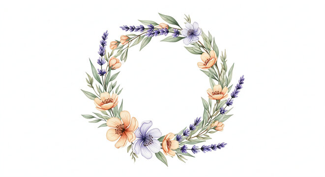 Watercolor Floral Wreath Lavender Flower Frame On White Background