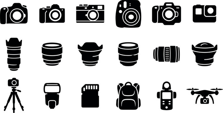 Professional Photography Equipment and Camera Accessories Silhouette Icon Set Featuring DSLR Bodies Lenses Tripods Flash and DroneProfessional Photography Equipment and Camera Accessories Silhouette I