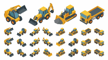 Collection of Yellow Construction Vehicles and Trucks in Isometric View. © Dion