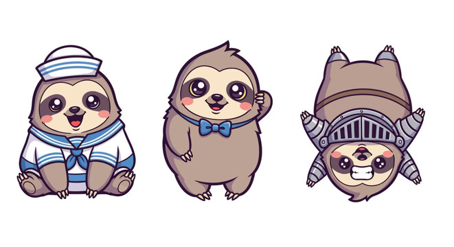 Cute Sloth Characters in Different Costumes and Outfits.