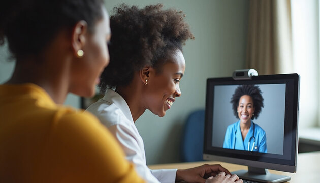 Telehealth session with smiling healthcare professional consulting woman at home on computer screen.