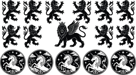 Heraldic vector elements set featuring black rampant lions winged lion with crown and unicorn round badges on white background © MdAlamgir