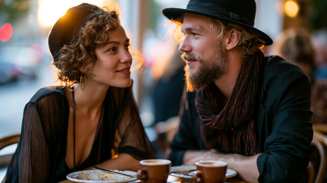 deep candid conversation between a startup founder and one of her most loyal early users at a small neighbourhood caf&eacute; table, both leaning far forward engaged in genuine mutual exc