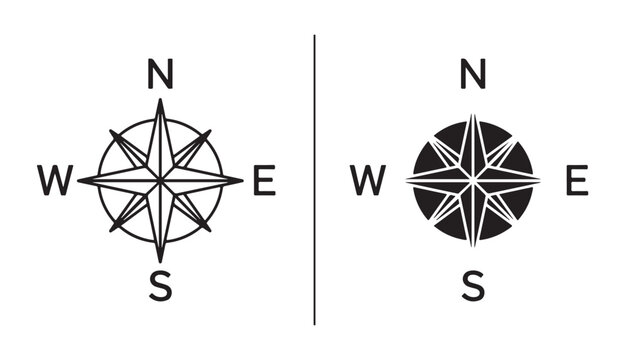 Compass Rose Designs: A split image showcasing two distinct compass rose designs, one in black and white outline, the other in black silhouette, both indicating cardinal directions North, South, East.