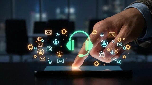 AI Customer Support and Digital Communication Concept: Executive Touching Luminous Holographic Headset Icon with Floating Message Envelopes and Profile Vectors