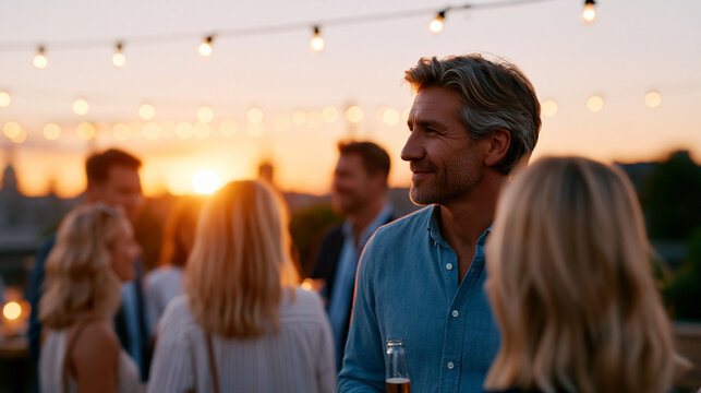 Organic community gathering on a city rooftop at sunset, a female founder standing at the edge of the group rather than at the front, twelve community members in clusters of two an