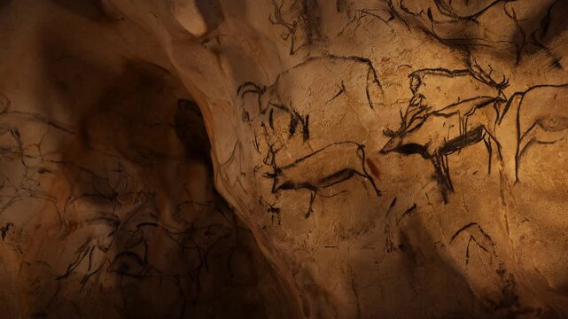 Cave paintings from the Chauvet-Pont-d'Arc cave. Documentary footage.
