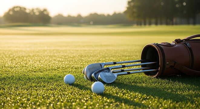 Golf clubs and balls on green grass.