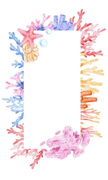 Watercolor underwater coral reef frame with starfish and sea shell isolated on white background for summer wedding invitation card template