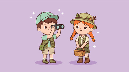 Cute cartoon boy and girl exploring nature as little adventurers.