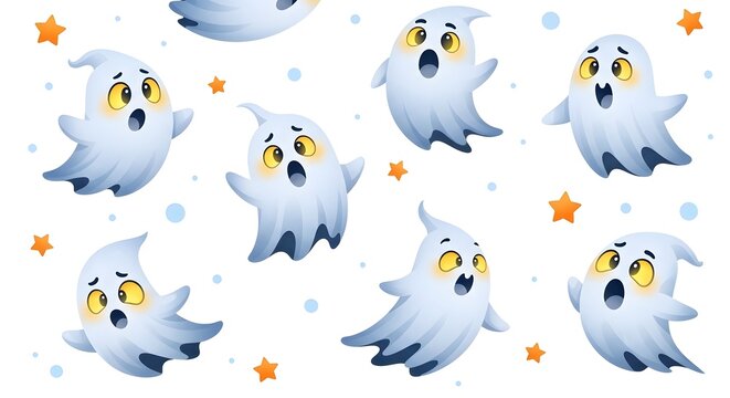 Seamless pattern with cute cartoon ghosts and stars isolated on white background