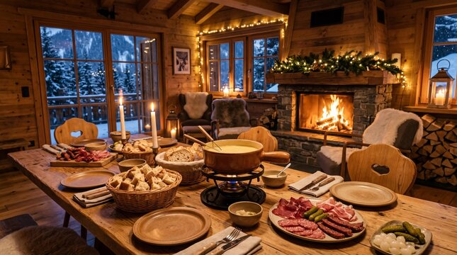 Cozy Swiss cheese fondue dinner inside a rustic wooden chalet with fireplace