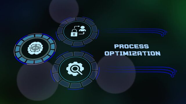 Futuristic dashboard showing data analytics and process optimization tools with automated gear and AI icons