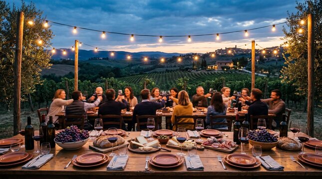 Friends toasting at a vineyard harvest dinner party under string lights