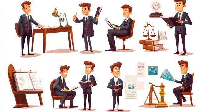 Law firm isolated cartoon vector illustrations set. Paralegal specialist prepare documents, professional lawyer reading law changes, provide legal advice to business, notary service vector cartoon.