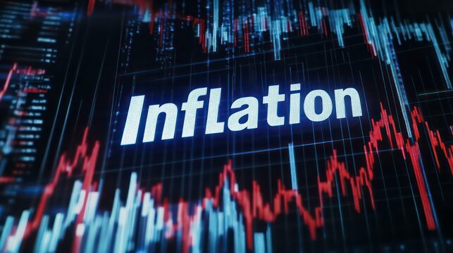 "Inflation" Text on Digital Screen with Financial Charts. Economic Crisis, Rising Prices, and Market Instability Concept.
