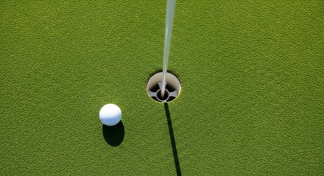 Golf ball near hole on green.