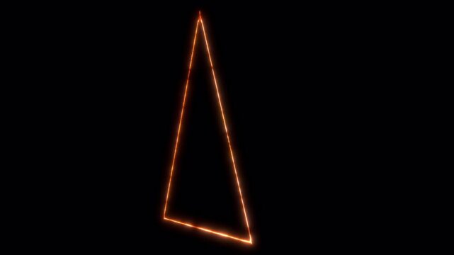 Abstract glowing orange neon triangle frame against dark black background.