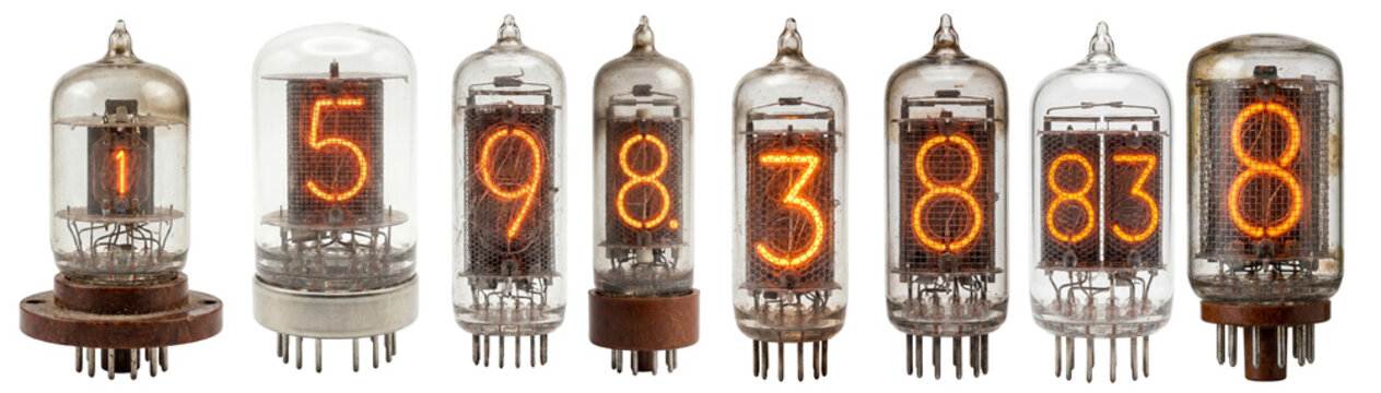 Set of vintage Nixie tube displays with glowing numbers isolated on white background. 