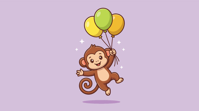 Cute cartoon monkey holding colorful balloons illustration.