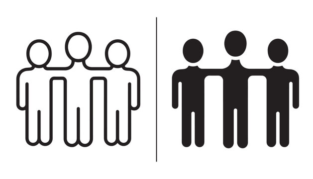 Teamwork Icons: A clear graphic representation of teamwork, showing two distinct styles of icons depicting a group of people standing together, with arms around each other's shoulders.