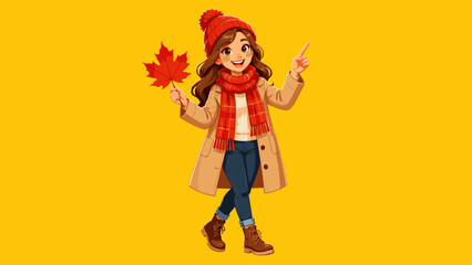 Fototapeta premium Autumn woman character holding red maple leaf and pointing upward, woman, autumn, maple leaf, scarf, beige coat, pointing,