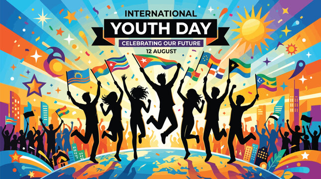 International Youth Day, colorful celebration, global unity, silhouette illustration