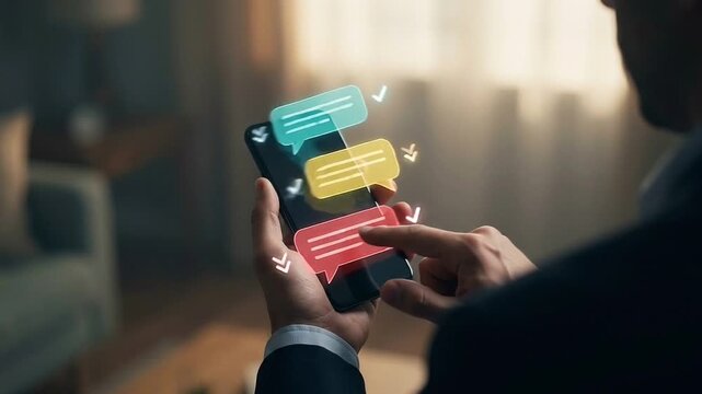 Instant Messaging and Customer Support Video Concept: Floating Teal, Yellow, and Red Holographic Chat Bubbles with Checkmark Vectors above Blurred Smartphone