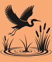 Obraz premium A silhouette of a bird in flight with wings outstretched over a water surface with ripples and reeds framing the scene and depicts in outline style