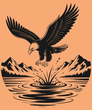 Majestic eagle swooping down to catch prey in a lake surrounded by mountains and pine trees, dynamic wildlife illustration and water splash