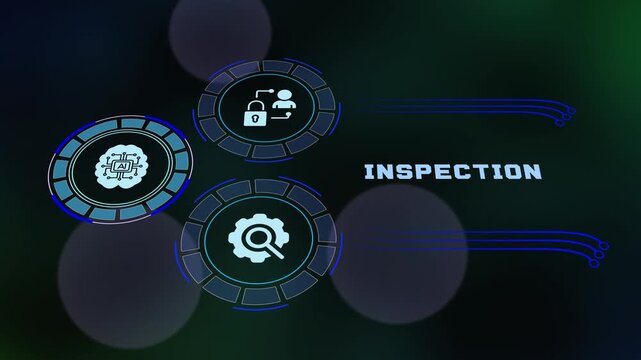 Quality inspection digital screen layout with artificial intelligence brain icon, secure lock data, and analytical gear magnifier symbol