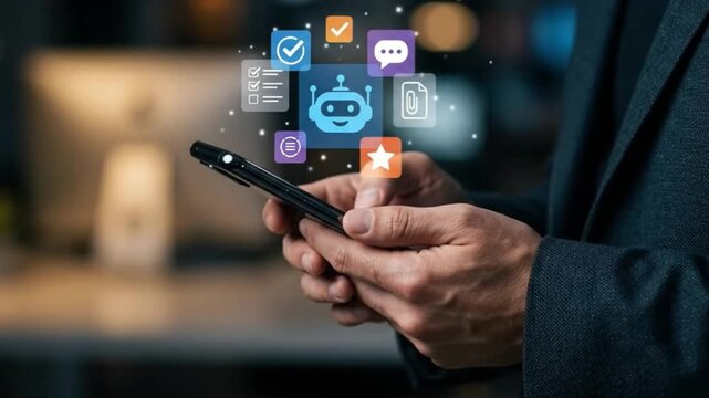 AI Business Assistant and Cloud Data Workflow Concept: Layered Holographic Interface Icons with Smart-bot, Checklist, and Feedback Stars over Blurred Smartphone