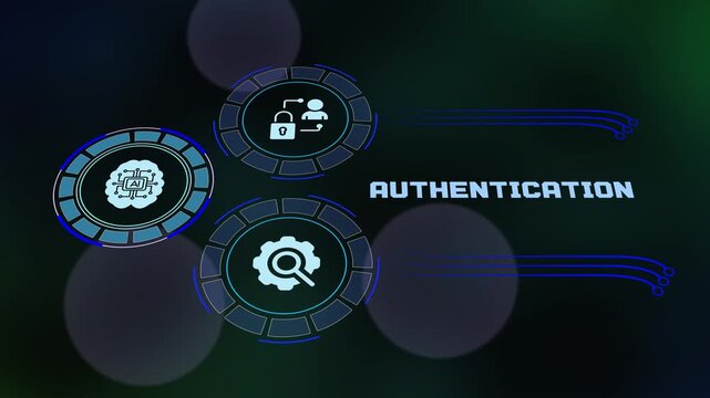 Secure user authentication concept showing AI validation brain icon, profile padlock security, and data verification gear interface