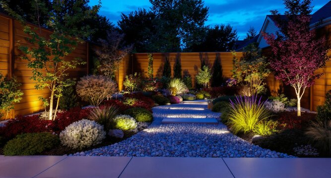 Modern backyard garden with illuminated pebble path and colorful plants at Modern backyard garden with illuminated pebble path and colorful plants at blue hour 
