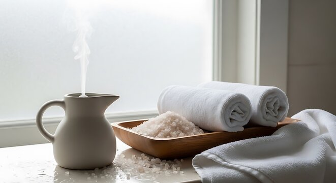 Relaxation spa bath salts and towels.