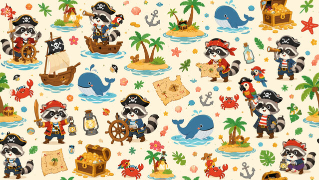 Pirate adventure seamless pattern with raccoon pirates, treasure chests, whales, parrots and tropical island objects, pirate