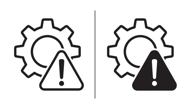 Gear Icon with Warning Sign: Two distinct icons featuring a gear and an alert symbol, one outlined and one filled black, representing caution or a warning in a technical or operational context.