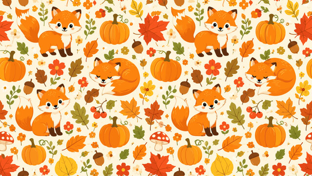 Bright autumn fox seamless pattern with pumpkins, leaves, acorns, flowers and cheerful forest elements, fox, autumn, pumpkin,