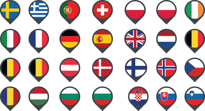 European country flags map pin icon set flat vector illustration featuring national pointers for travel navigation and location tracking isolated on white