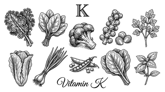 Hand-drawn vector illustration set of green vegetables rich in vitamin K including kale spinach broccoli and herbs in vintage engraving style