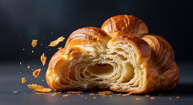 Croissant pastry with crumbs exploding apart.